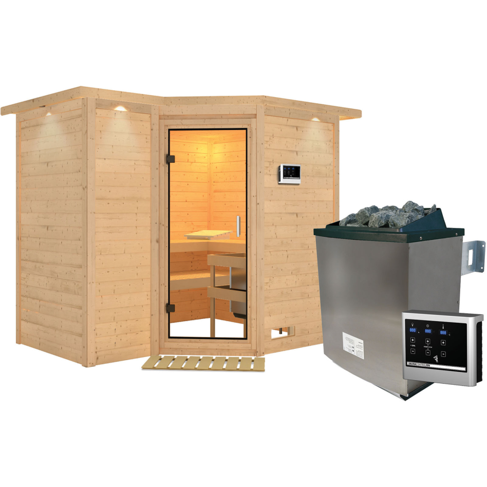 Karibu Sauna Sahib 2, 9 kW cmd ext. Easy Finnisch, avec costière de toiture,Porte tout verre,vitrage claire