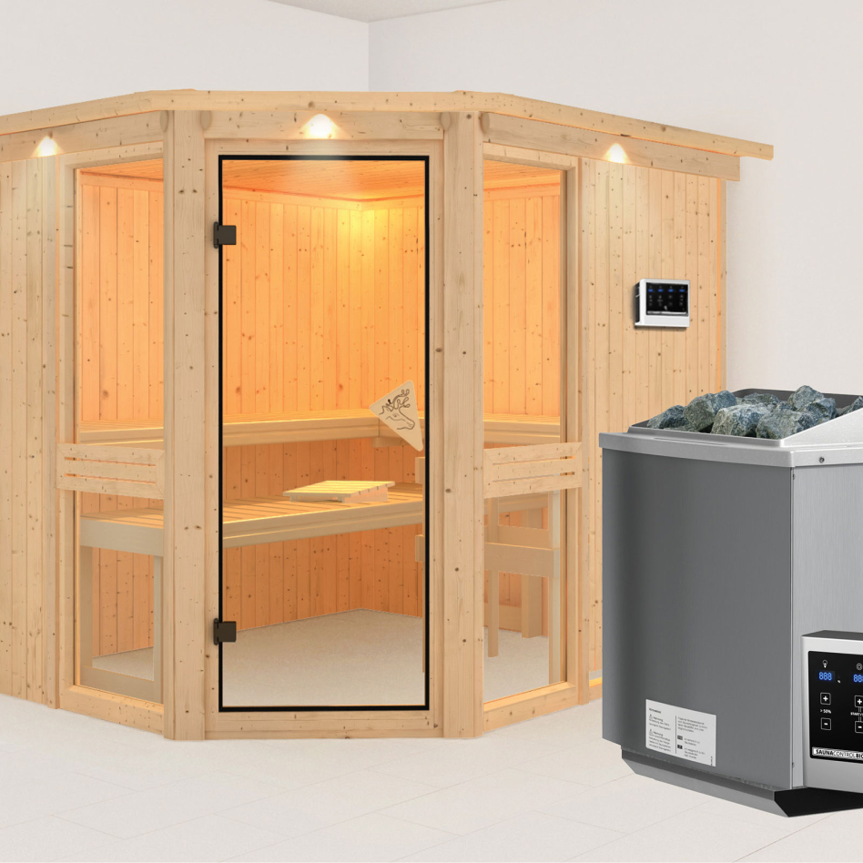 Sauna Karibu Amelia 3, 9 kW cmd ext. Easy Bio, avec costière de toiture