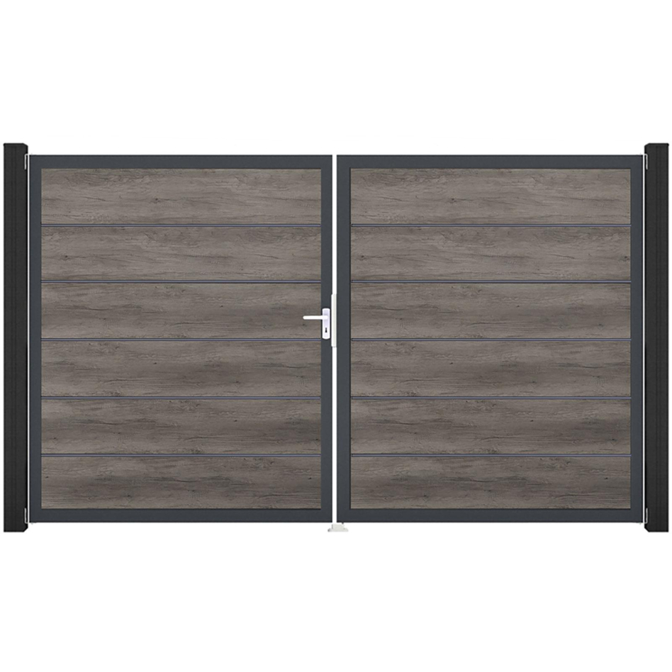 GroJa Doppeltor BasicLine Premium PVC-Steckzaun Monument Oak , DIN Links, Anthrazit DB 703