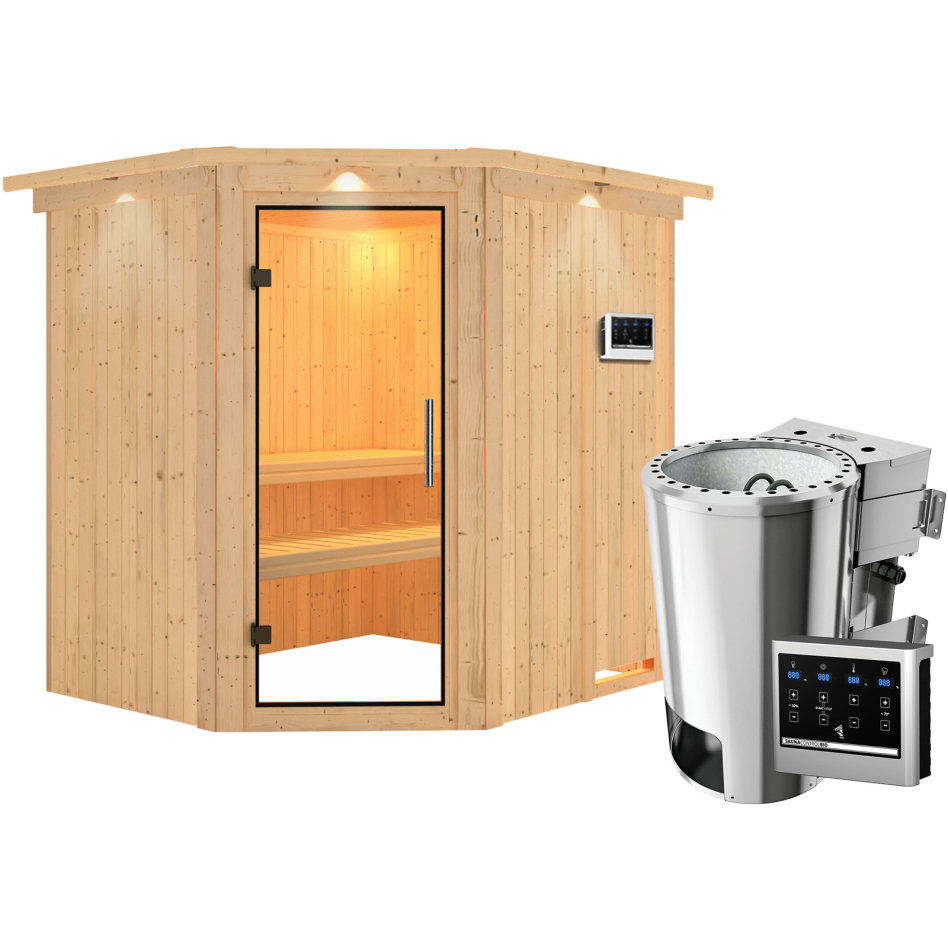 Sauna Karibu Lilja, Easy Bio 3,6 kW Ofen, avec costière de toiture,Porte tout verre,vitrage claire