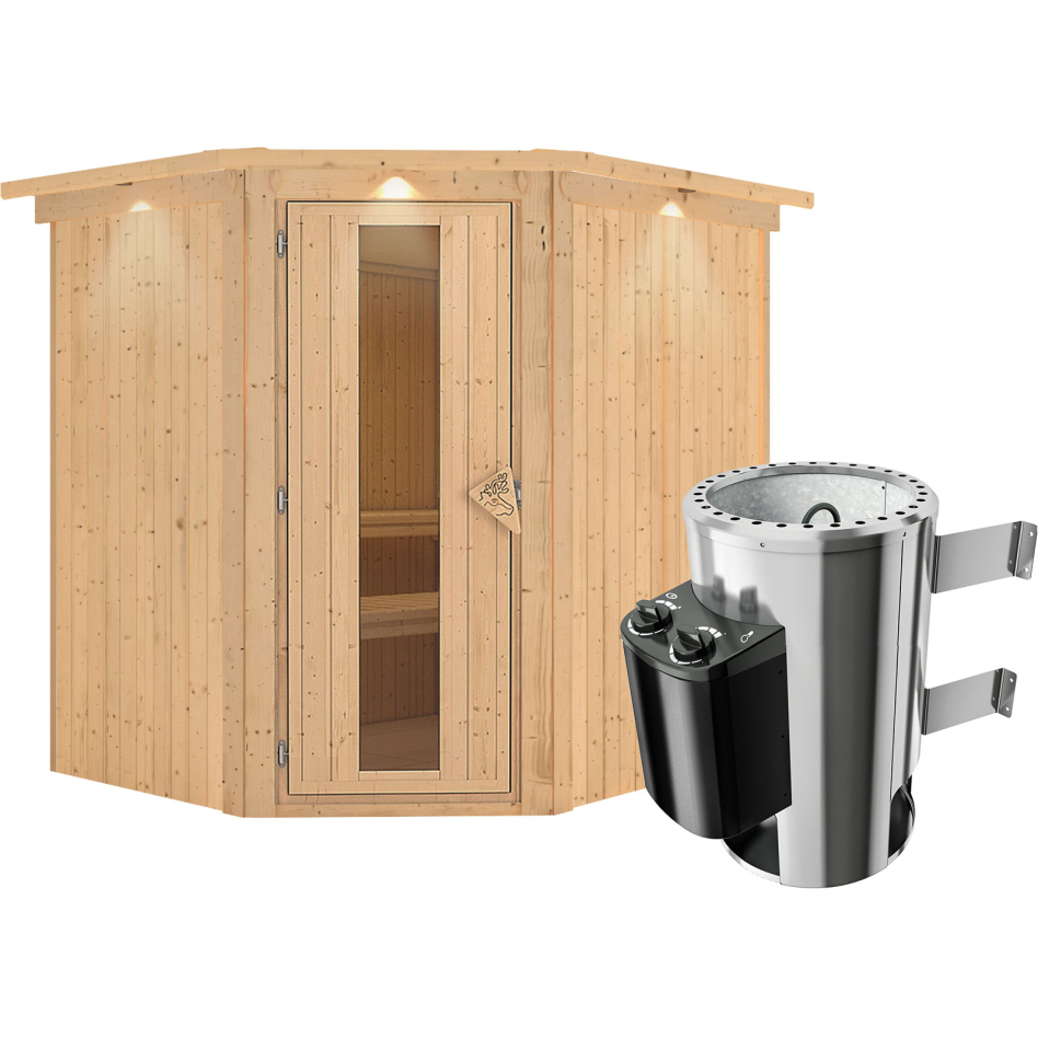 Sauna Karibu Lilja, 3,6 kW Ofen, Plug&Play int. Steuerung, avec costière de toiture,Porte en bois avec vitrage isolant,vitrage claire