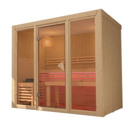 Karibu Sauna Avari 3 Großzügiger Innenraum Elementsauna für bis zu drei Personen mit bronzierter Glasfront und Superior-Innenausstattung – wahlweise ohne Ofen oder mit 9-kW-Saunaofen