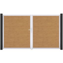 GroJa Doppeltor BasicLine PVC-Steckzaun Asteiche Natur  Füllungen mit strapazierfähigen PVC-Folien veredelt, Aluminiumrahmen pulverbeschichtet, 300x180 cm groß