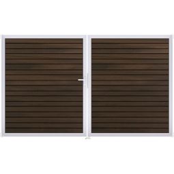 GroJa Doppeltor Solid Rhombus BPC-Steckzaun Walnuss co-extrudiert Witterungsbeständig und sehr stabil, elegante Schattenfugen, Aluminiumrahmen, BPC Füllung, 300x180x4 cm