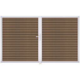 GroJa Doppeltor Solid Rhombus BPC-Steckzaun Teak co-extrudiert Witterungsbeständig und sehr stabil, elegante Schattenfugen, Aluminiumrahmen, BPC Füllung, 300x180x4 cm