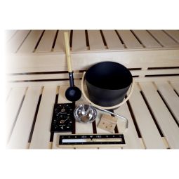Karibu Zubehörset Sauna Premium 5-teilig Premium-Zubehörset für Aufgüsse sowie Klima- und Zeitkontrolle mit Klimamesser, Sanduhr, Schöpfkelle, Aufgusseimer und Aromatopf