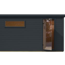 Karibu Woodfeeling Saunahaus Hytti 6 anthrazit Moderner Gartenrückzug mit heller Glasfront und markanter Farbgebung, mit Klarglastür