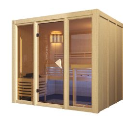 Karibu Sauna Avari 4 Geräumige Elementsauna für bis zu fünf Personen mit bronzierter Glasfront und Superior-Innenausstattung – wahlweise ohne Ofen oder mit 9-kW-Saunaofen