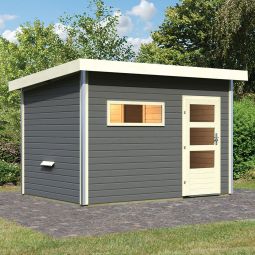 Karibu Saunahaus Skrollan 2 Terragrau wahlweise mit Ofen oder ohne Ofen