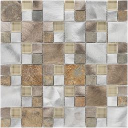 Wellker Kombimosaik Glas Naturstein Metall Silver Beige Grey 30x30 cm Mosaikfliesen 8 mm Für Innenbereich und Feuchtraum geeignet