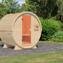 Karibu Fasssauna 1 naturbelassen verschiedene Varianten, aus 38 mm massivem nordischem Fichtenholz