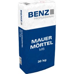 BENZ PROFESSIONAL Mauermörtel M5 30 kg für Mauerwerk innen und außen Ein zementärer Trockenmörtel zur Herstellung von Mauerwerk aus Normsteinen und dafür zugelassenen Steinen. Er ist handverarbeitbar und wasserdampfdiffusionsfähig.