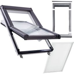 Wellker Komplett-Set Dachfenster Kunststoff R45 2-fach Verglasung mit Verdunkelung ZRV, made by Roto Das Set umfasst ein robustes Schwingfenster, einen passgenauen Eindeckrahmen und eine Verdunklungsrollo in Weiß