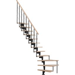 Minka Mittelholmtreppe Style Turn 1/4 gewendelt schwarz Raumspartreppe Stufen und Handlauf aus massivem Buchenholz, 90° Grad-Wendelung nach rechts oder links möglich