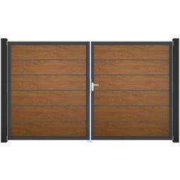 GroJa Doppeltor BasicLine Premium PVC-Steckzaun Golden Oak  Füllungen mit strapazierfähigen PVC-Folien veredelt, Aluminium-Rahmen, Größe 300x180x4 cm