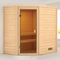 Karibu Woodfeeling Sauna Jella Praktischer Eckeinstieg, optimal für kleine Räume mit niedrige Decken