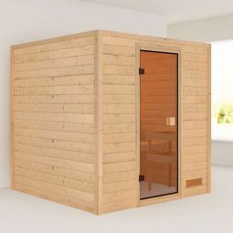 Karibu Woodfeeling Sauna Jara Optimal für niedrige Decken, 2 Bänke mit langer Liegefläche, für bis zu 2-4 Personen geeignet