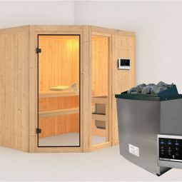 Wellker Sauna SET Rosina 1 naturbelassen Systemsauna Innensauna mit 9 kW Ofen, ext.Steuerung, Kabel und Leuchte