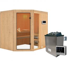 Wellker Sauna SET Rosina 2 naturbelassen Systemsauna Innensauna mit 9 kW Ofen, ext.Steuerung, Kabel und Leuchte