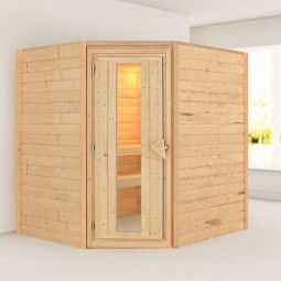 Karibu Woodfeeling Sauna Mia Massivholzsauna, praktischer Eckeinstieg, 2 Bänke 57 cm breit, optimal für bis zu 2-3 Personen
