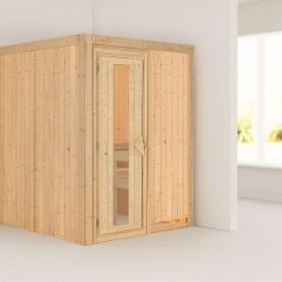 Karibu Sauna Norin Türposition in der Front variabel, spiegelbarer Aufbau möglich, niedriger Energieverbrauch