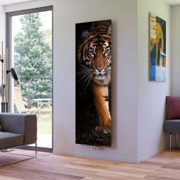 Ximax Raumheizkörper Design Heizkörper P1 Plan Print Tiger vertikal Eleganter Designheizkörper mit 50 mm Mittelanschluss, glatte bedruckte Front mit einem Tiger auf der Pirsch