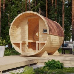 Karibu Fasssauna 2 naturbelassen verschiedene Varianten, aus 38 mm massivem nordischem Fichtenholz