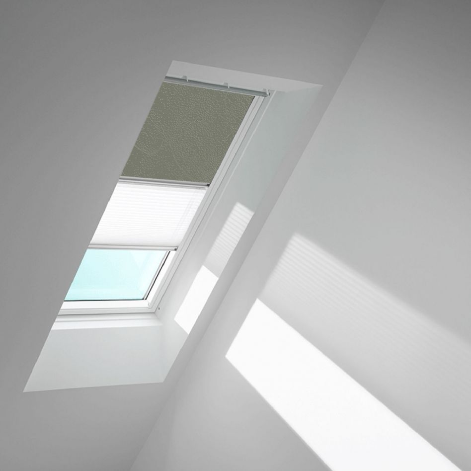 VELUX Verdunkelungsrollo Duo DFD Olivebeige gepunktet/Weiß 4575, MK06, Aluminiumschiene,GGU,Manuell,VELUX