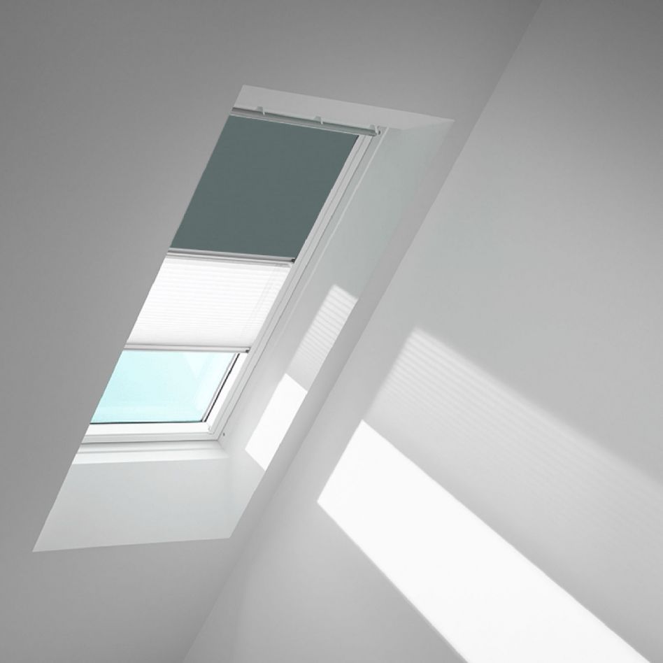 VELUX Verdunkelungsrollo Duo DFD Blaugrau/Weiß 4581, SK10, GGU,Manuell,VELUX,weiße Schiene Image