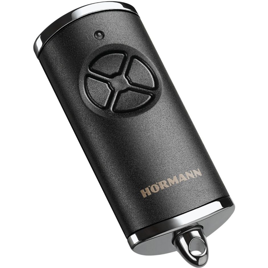 Hörmann Handsender HSE 4 BS 4511561 ¿ Télécommande 868 MHz pour motorisation de porte de garage, 4 boutons, capuchons chromés, piles incluses, 28 × 70 × 14 mm, noir brillant, avec porte-clés.
